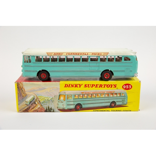 387 - Dinky Supertoys Continental Touring Coach (953). In turquoise with a white roof, fawn interior with ... 