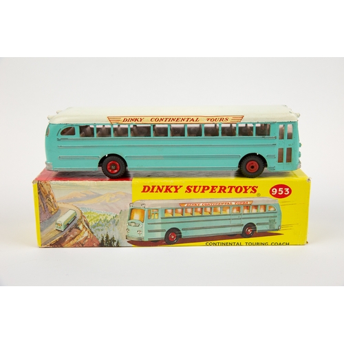 387 - Dinky Supertoys Continental Touring Coach (953). In turquoise with a white roof, fawn interior with ... 