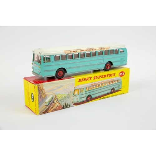 387 - Dinky Supertoys Continental Touring Coach (953). In turquoise with a white roof, fawn interior with ... 