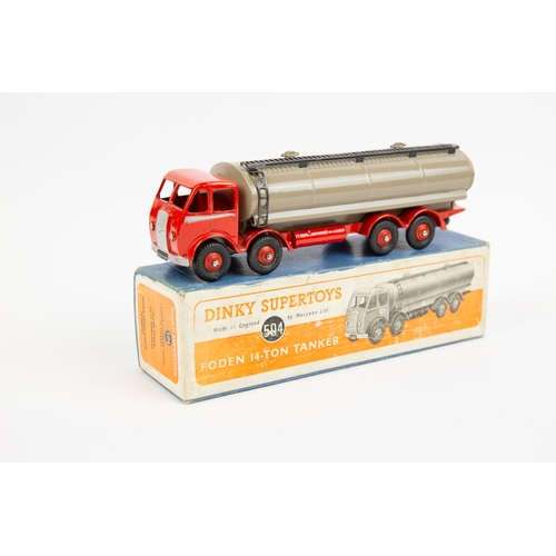 395 - Dinky Supertoys Foden 14-Ton Tankers (504). An early DG example with red cab and chassis, silver fla... 