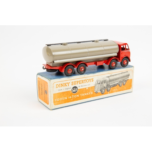 395 - Dinky Supertoys Foden 14-Ton Tankers (504). An early DG example with red cab and chassis, silver fla... 