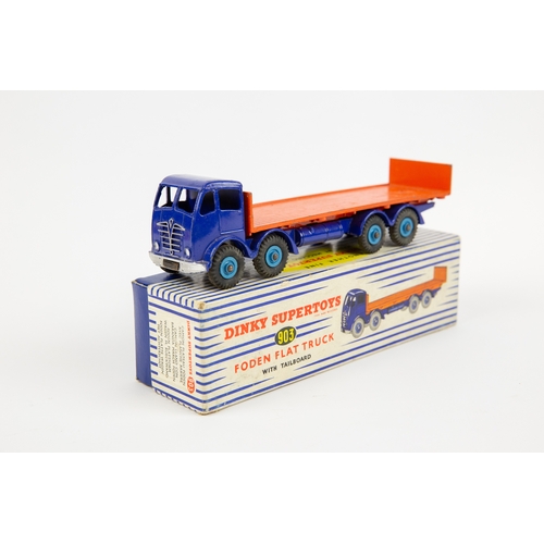 399 - Dinky Supertoys Foden Flat Truck with tailboard (903). Violet blue cab and chassis with orange flatb... 