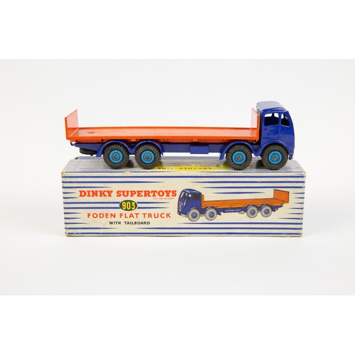 399 - Dinky Supertoys Foden Flat Truck with tailboard (903). Violet blue cab and chassis with orange flatb... 