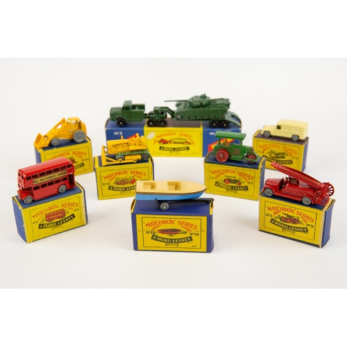 94 - 8 Matchbox series moko models. Includes No.48 speed boat with trailor, No.24 yellow digger, No.18 bu... 