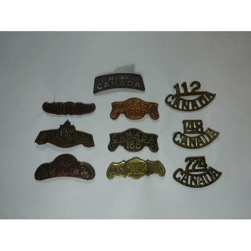 232 - 10 WWI CEF Infantry metal shoulder titles: 112th, 117th, 131st (brooch pin), 148th, 181st, 184th, 18... 