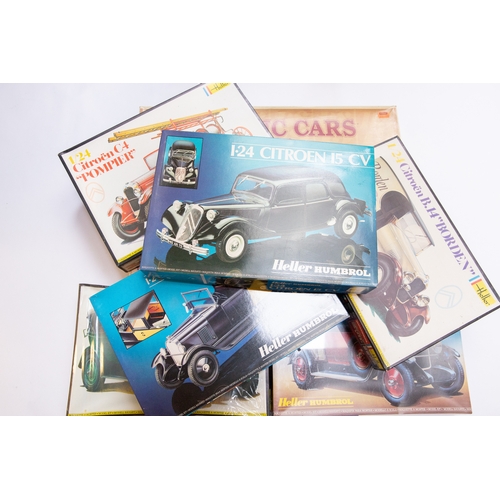 130 - 7 unmade plastic kits of Citroens. A Heller 1:16 scale DS19 Cabriolet. Plus 6 1:24 scale- 3 Heller H... 