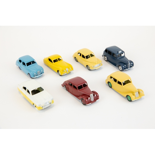 326 - 7 well restored early Dinky Toys. Austin Somerset Saloon, Raleigh, Morris Oxford, Jaguar XK120, Triu... 