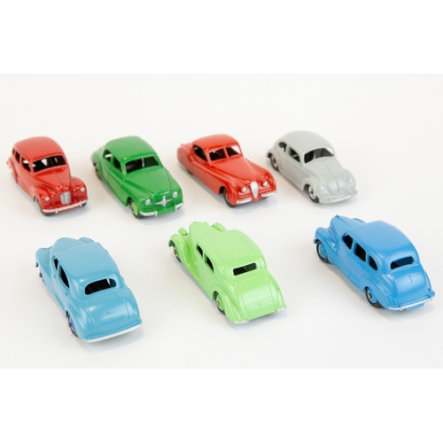 327 - 7 well restored early Dinky Toys. Raleigh Saloon, 2x Austin Devon's, Rover 75, Morris Oxford, Jaguar... 