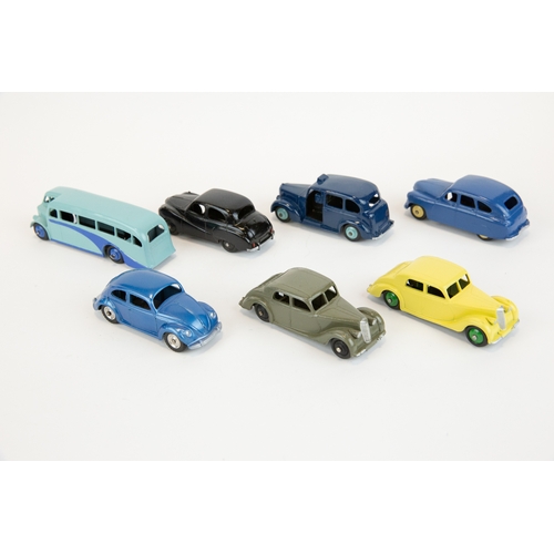 328 - 7 well restored early Dinky Toys. 2x Raleigh Saloons, colour variations. Standard Vanguard, Austin S... 