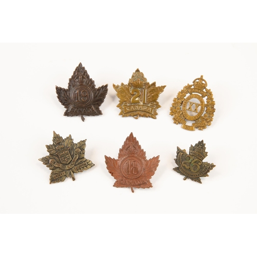 181 - 6 WWI CEF Infantry cap badges: 18th, 19th, 20th by Gaunt, 21st, 26th by Inglis, and 27th. GC £80-150