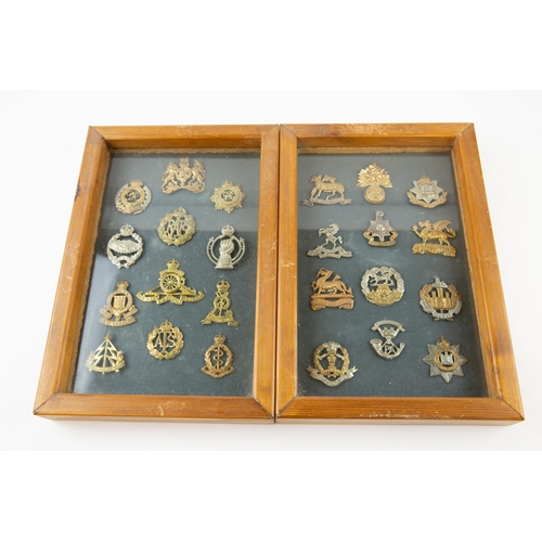 154 - 12 Infantry cap badges and 12 Corps cap badges, attractively mounted in two glazed wooden frames, in... 