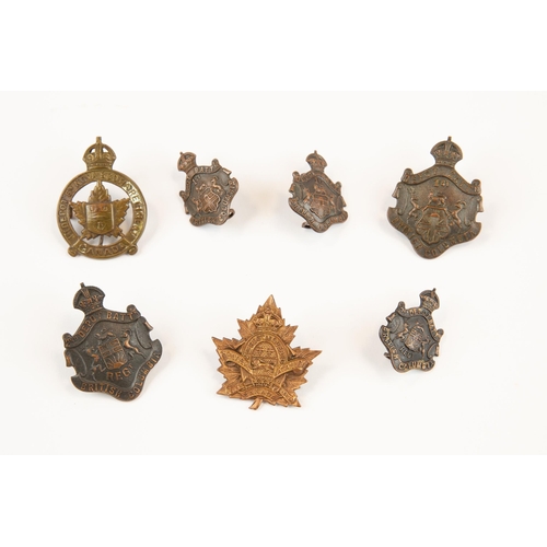 169 - 7 WWI CEF badges: 1st Depot Bn Nova Scotia Regt cap badge by Scully; 1st Depot Bn British Columbia c... 