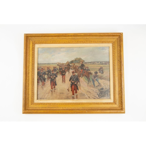 17 - An oil painting on canvas of 19th Century French Infantry, including bandsmen and a mounted officer,... 