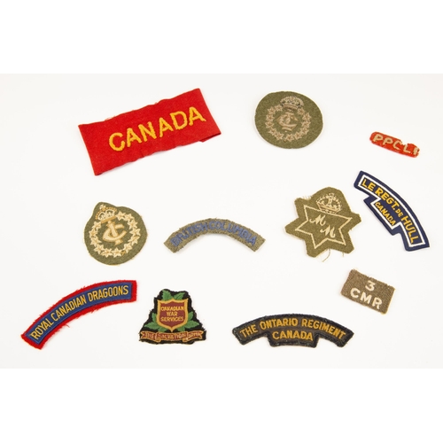 249 - 11 pre WWII/WWII Canadian cloth insignia, titles/trade badges and armband. £60-80