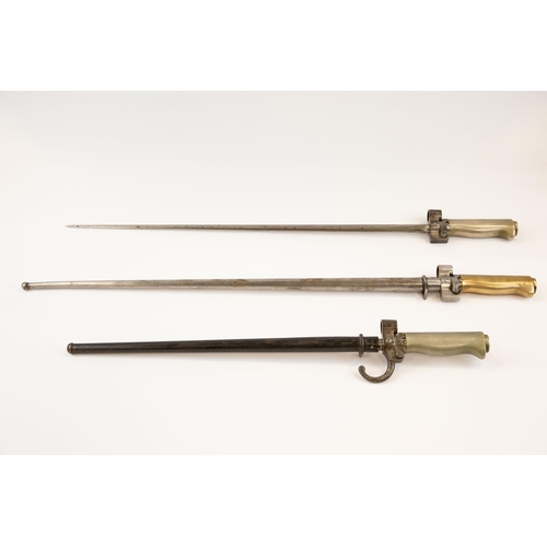 280 - 3 French Lebel bayonets, brass hilted with scabbards, WM hilt (no scabbard), also a WM hilt with bla... 