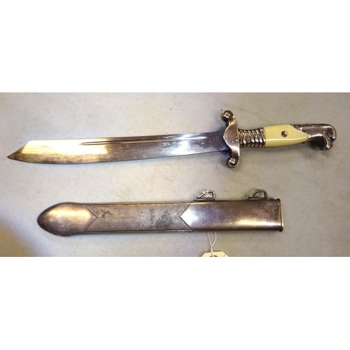 111 - A Third Reich RAD Leader's dagger, by Eickhorn, silver plated hilt with white plastic grips, in its ... 