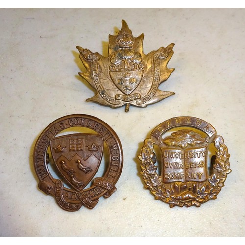 190 - 3 WWI CEF University Company cap badges: McGill University Company by Lees, 1915; Toronto University... 