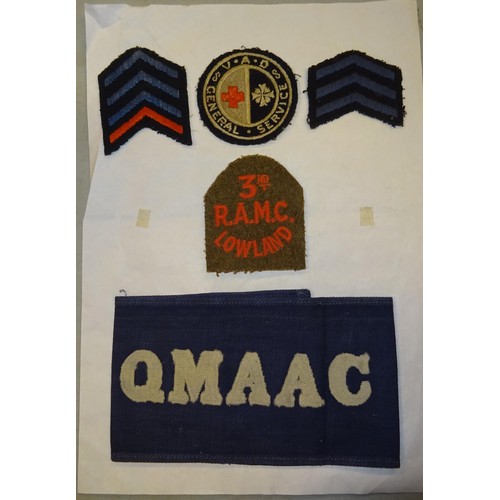 241 - WWI British QMAAC armband, WW1 VAD general service cloth badge, 2 service stripes plus WWI 3rd RAMC ... 