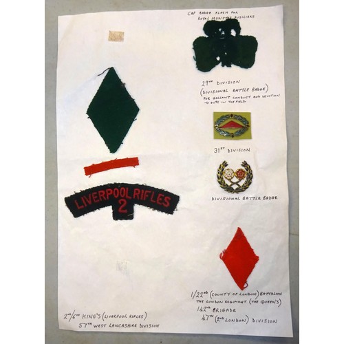 242 - 7 British WWI/pre WWII insignia including Liverpool Rifles (2), felt formation signs (3), metal 31st... 