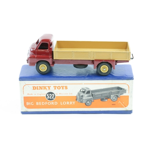 422 - Dinky Toys Big Bedford Lorry (522). Maroon cab with fawn back and wheels with black tyres. Boxed, mi... 