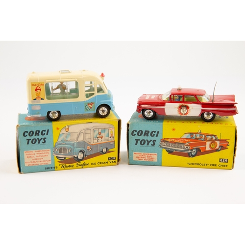 284 - 2 Corgi toys. No.439 Chevrolet fire chief car finished in red with yellow interior with driver and p... 