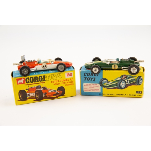 285 - 2 Corgi Toys single seat racing cars. Lotus-Climax Formula 1 Racing Car (155). In BRG, RN1. Plus a L... 