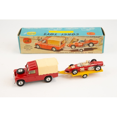 288 - Corgi Toys Gift Set No.17 Land Rover With Ferrari Racing Car On-Trailer. Land Rover in red with yell... 