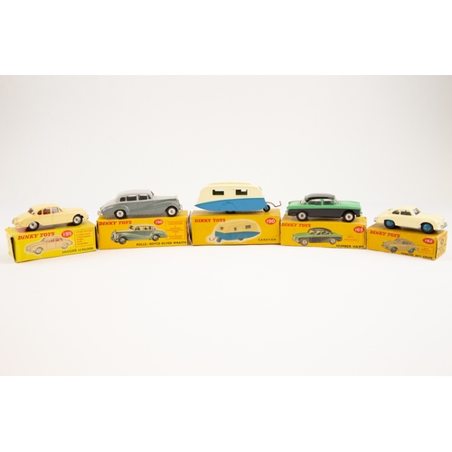 342 - 5 Dinky toys. No.195 Jaguar 3.4 saloon in ivory finish, No.165 Humber Hawk in 2 green and black, No1... 