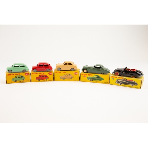 347 - 5 Dinky toys. To include No.106 Austin Atlantic convertible in black with red interior, red wheel hu... 