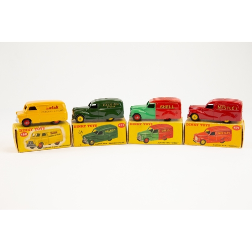 360 - 4 Dinky Toys. 3x Austin Vans, Shell (470), red & green, Nestles (471), red and Raleigh (472), green.... 