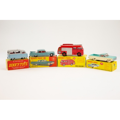 365 - 4 Dinky toys. To include No.295 Atlas bus in 2 tone grey and light blue, No.449 Chevrolet 