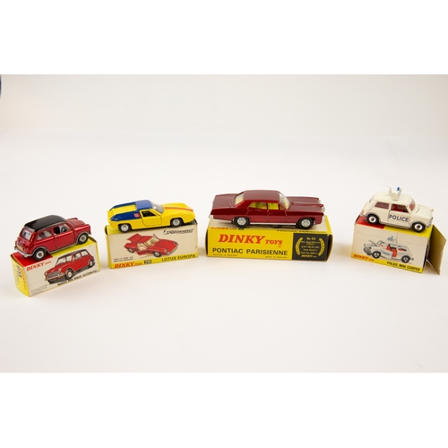 369 - 4 Dinky Toys. Pontiac Parisienne (173), in metallic red with yellow interior. Lotus Europa (218) in ... 