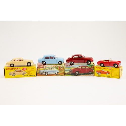 372 - 4 Dinky Toys. Triumph 1300 (162) in light blue with red interior. Austin Healey Sprite (112) in red ... 