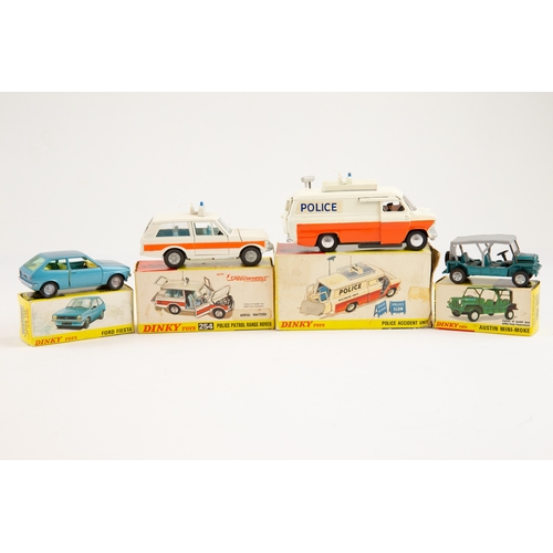 375 - 4 Dinky Toys. POLICE Patrol Range Rover (254). In white with paper orange flashes, light blue interi... 