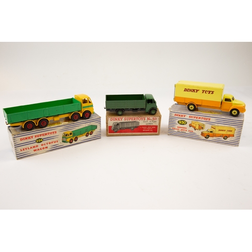 387 - 3 Dinky Toys. Guy 4-Ton Lorry (511). green with black chassis and green wheels. Leyland Octopus Wago... 