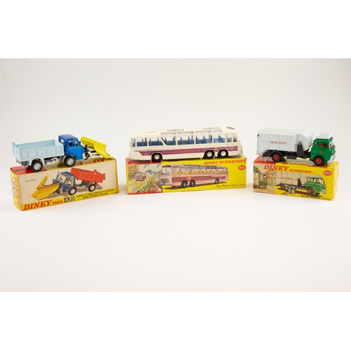 389 - 3 Dinky Toys. Ford D800 Snow Plough & Tipper Truck (439). Metallic blue with light blue body and yel... 