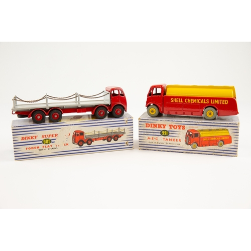 401 - 2 Dinky toys. No.991 A.E.C tanker Shell chemicals limited, red body with yellow tanks and wheel hubs... 