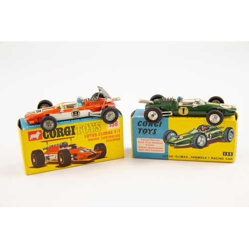 285 - 2 Corgi Toys single seat racing cars. Lotus-Climax Formula 1 Racing Car (155). In BRG, RN1. Plus a L... 