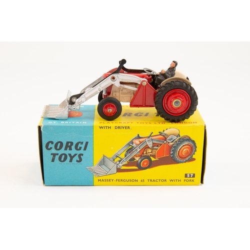 286 - Corgi No.57 Massey Ferguson 65 tractor with fork. Red body, pink chassis and silver scoop and arms. ... 