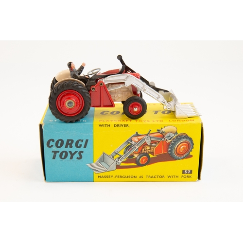 286 - Corgi No.57 Massey Ferguson 65 tractor with fork. Red body, pink chassis and silver scoop and arms. ... 