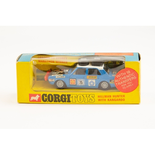 289 - Corgi Toys Hillman Hunter With Kangaroo (302). In mid blue with satin black bonnet, red plastic roo ... 