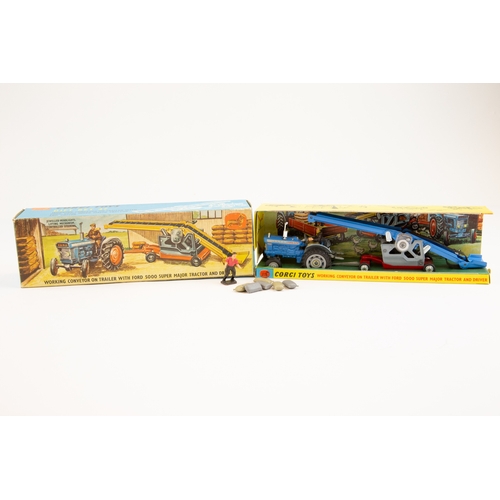 294 - Corgi toys gift set 47, working conveyor on trailer with Ford 5000 super major tractor and driver, a... 