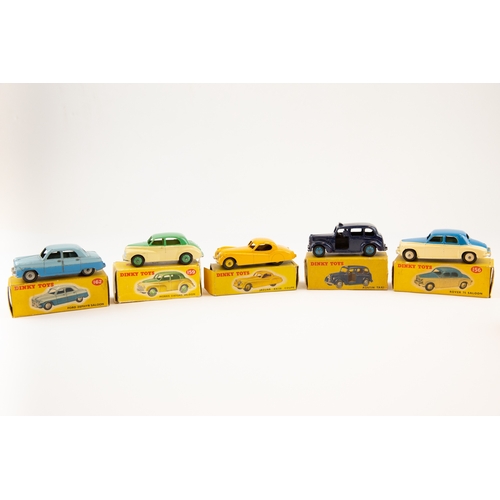 339 - 5 Dinky Toys. Austin Taxi (254), dark blue. Rover 75 Saloon (156), blue & cream. Jaguar XK120 (157),... 