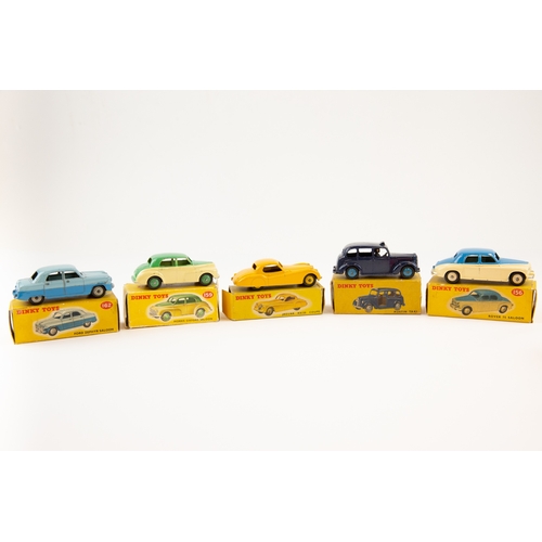 339 - 5 Dinky Toys. Austin Taxi (254), dark blue. Rover 75 Saloon (156), blue & cream. Jaguar XK120 (157),... 