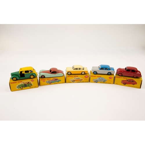 340 - 5 Dinky Toys. Austin Taxi (254), green/yellow. Austin Somerset Saloon (40j), red. Jaguar XK129 Coupe... 