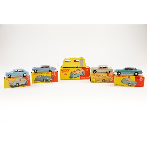 341 - 5 Dinky Toys. Triumph 2000 (135), metallic blue/white, red interior. Morris 1100 (140), light blue, ... 