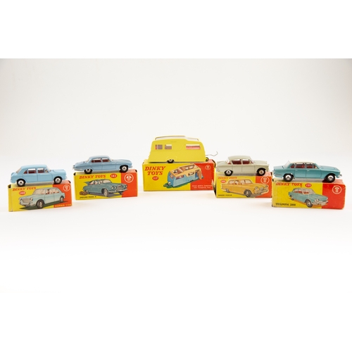 341 - 5 Dinky Toys. Triumph 2000 (135), metallic blue/white, red interior. Morris 1100 (140), light blue, ... 