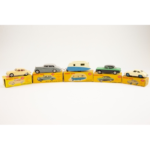 342 - 5 Dinky toys. No.195 Jaguar 3.4 saloon in ivory finish, No.165 Humber Hawk in 2 green and black, No1... 