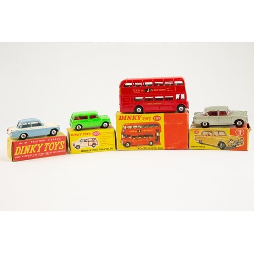 343 - 5 Dinky toys. To include No.189 Triumph Herald in 2 tone light blue and white with windows, No145 Si... 