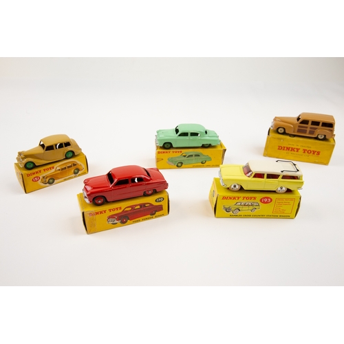 346 - 5 Dinky Toys. Triumph 1800 Saloon (151), fawn. Ford Fordor Sedan (170), red. Studebaker Land Cruiser... 